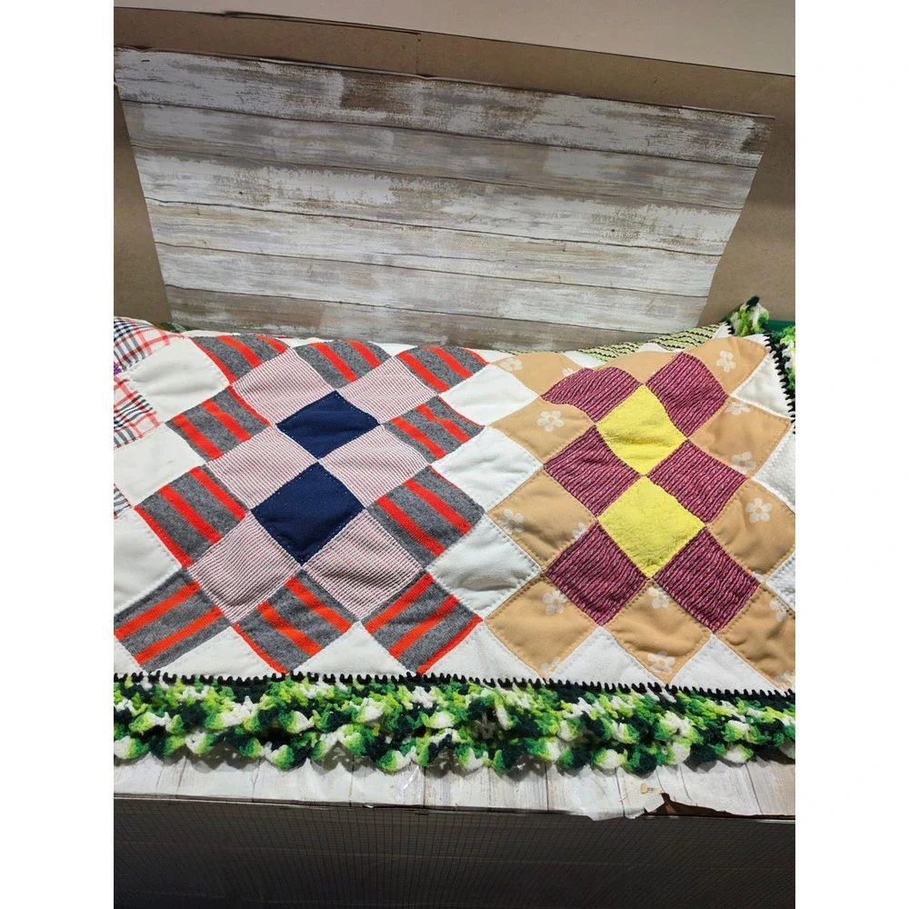 Handmade Patchwork Quilt Oversized 115x90 Multi Color Crochet Border Vintage